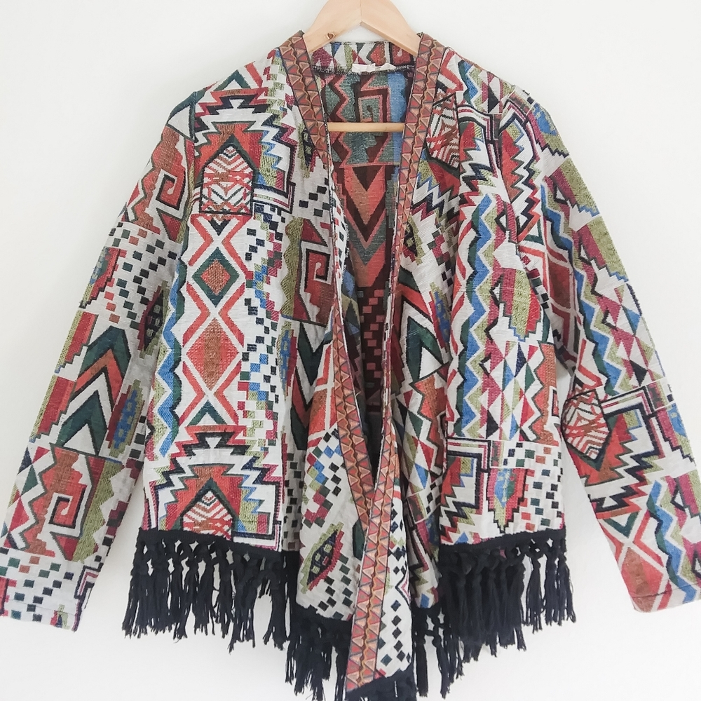 Ryu Fringed Tapestry Jacket Women's S Aztec Southwestern Open Front Yellowstone